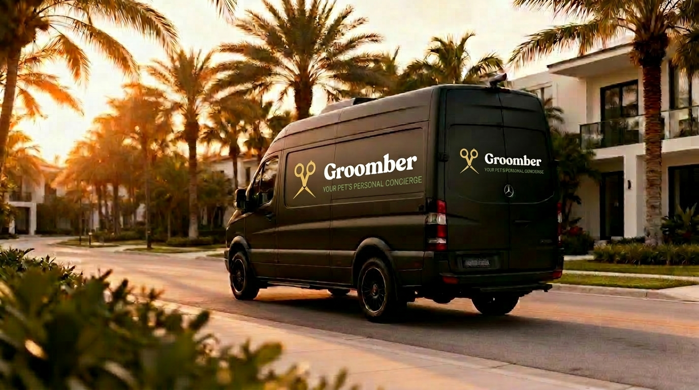 Premium matte-black Groomber mobile grooming van on an Aventura street at golden hour