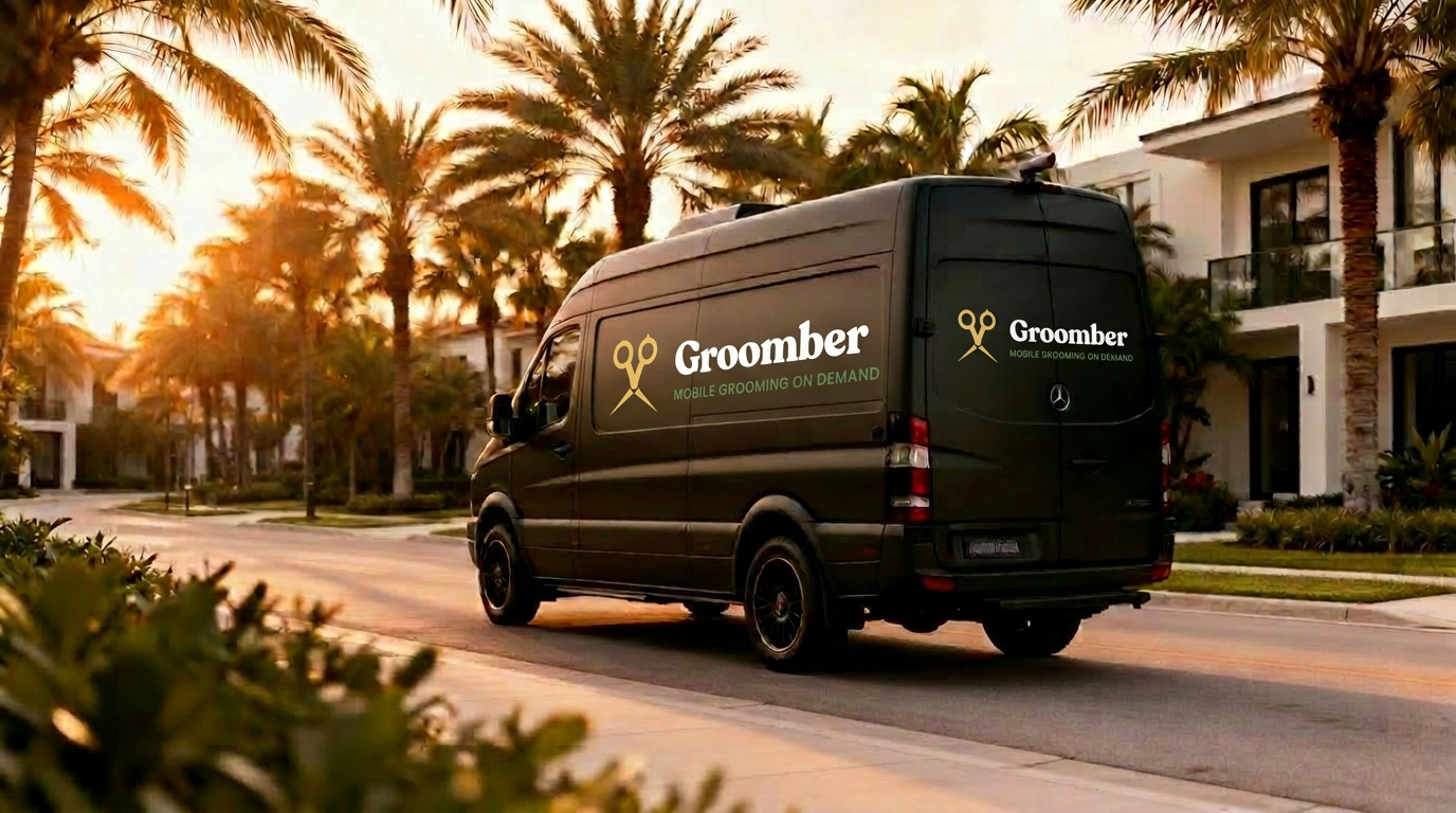 Premium matte-black Groomber mobile grooming van on an Aventura street at golden hour